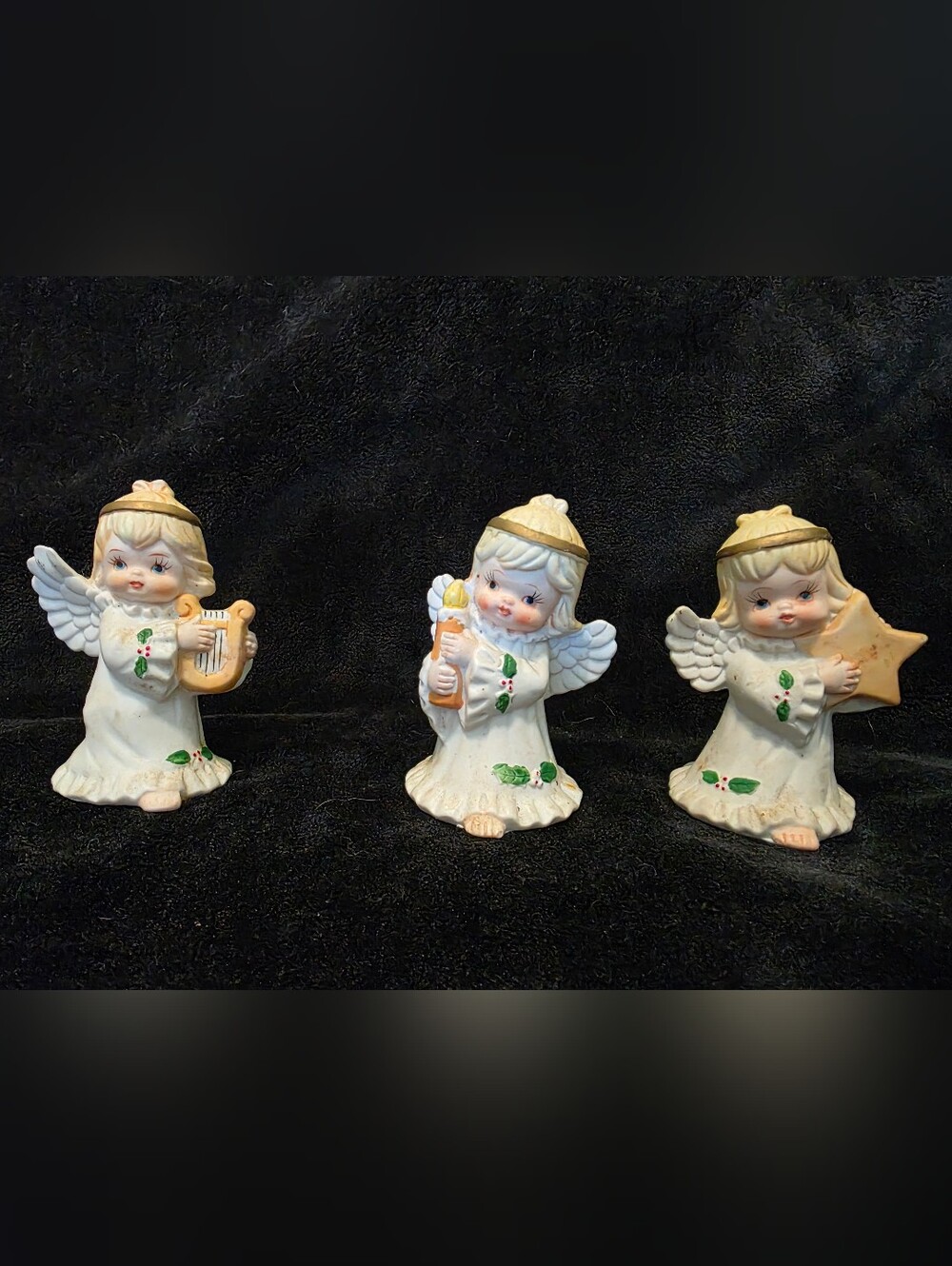 Vintage Set of 3 Porcelain Bisque Holly Angel Figurines HOMCO